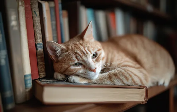 Cat, cat, look, pose, stay, books, legs, red