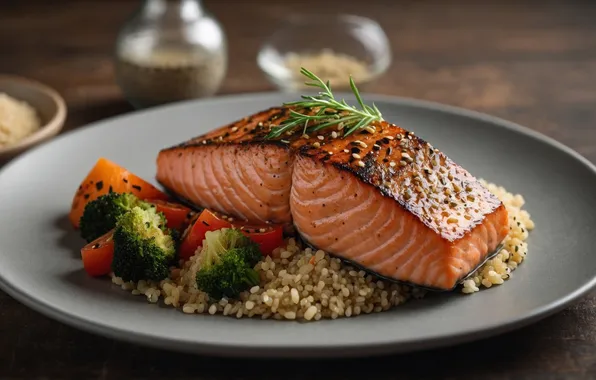 Table, food, fish, plate, figure, vegetables, tomatoes, sesame