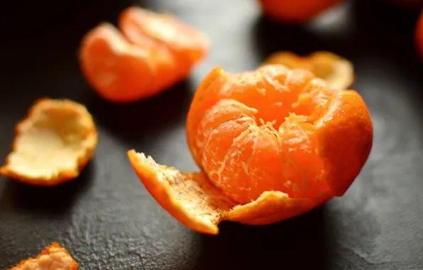 Bright, table, delicious, slices, solar, peel, Mandarin, juicy