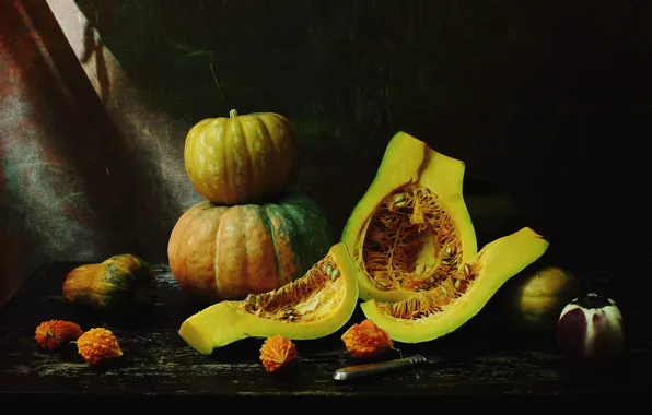 The dark background, harvest, knife, pumpkin, still life, items, composition