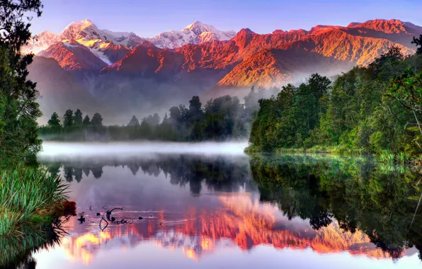 Forest, the sky, reflection, mountains, lake, New Zealand, South island, National Park Westland