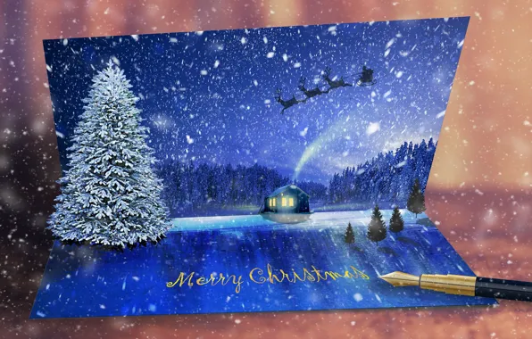 Winter, snow, tree, New year, postcard