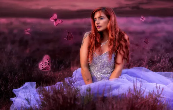 Girl, mood, butterfly, dress, Mara Jade, PixelFun, Berthold Zumbrink