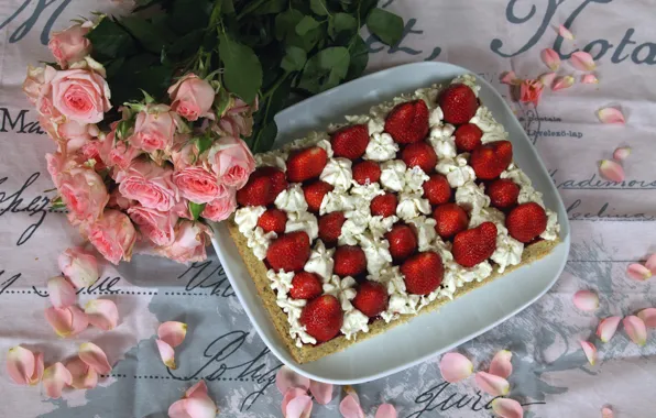Strawberry, Bouquet, Petals, Strawberry, Cake, Cake, Bouquet, Pink roses