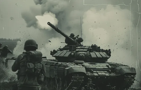 Picture Dust, Smoke, Retro, Soldiers, Tank, Digital art, Black and white, AI art