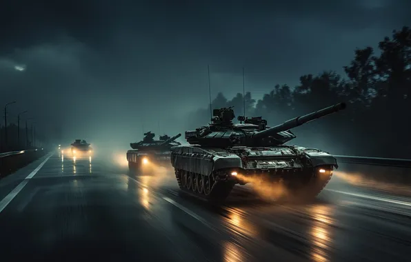 Lights, Night, Tanks, Cars, Digital art, Highway, AI art, The Art of Artificial Intelligence