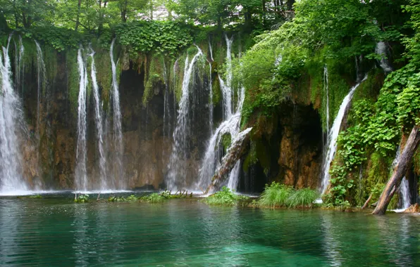 Greens, water, landscape, nature, waterfall