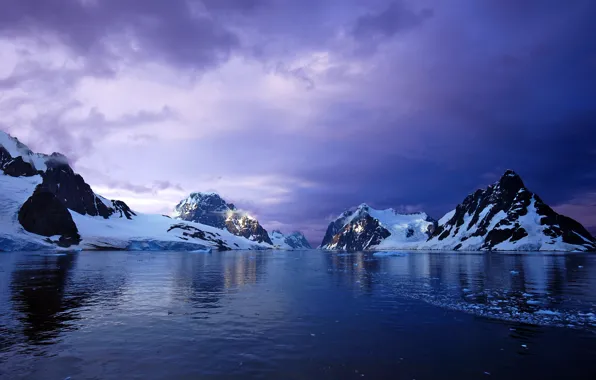 Snow, sunset, mountains, the ocean, glacier, Antarctica