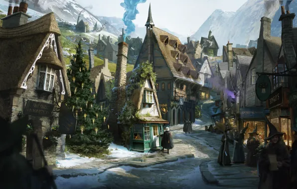 Picture lights, art, houses, witches, Harry Potter, christmas tree, witches, Hogsmeade