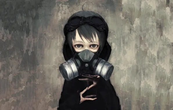 Gas mask, girl, glasses, black eyes, black hair, black eyes, asushi