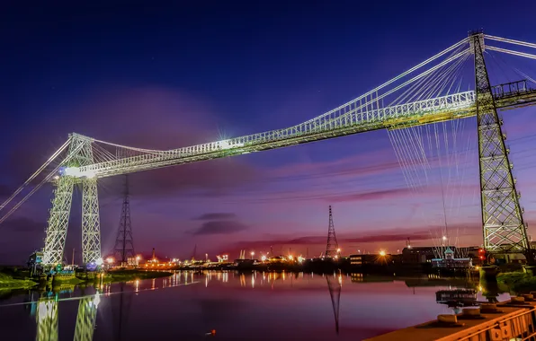 City, light, river, bridge, sunset, train