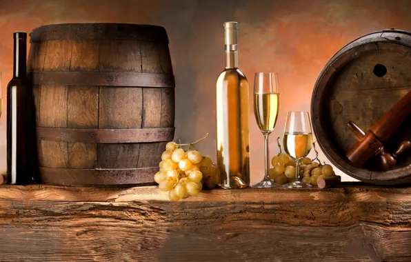 Picture wine, white, glasses, grapes, barrels, bunches