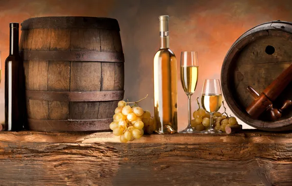 Wine, white, glasses, grapes, barrels, bunches