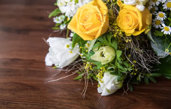 Leaves, flowers, roses, chamomile, bouquet, yellow, tulips, white