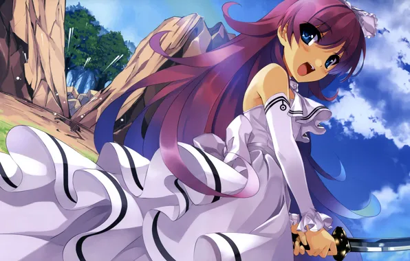 Forest, the sky, rocks, katana, dress, Girl