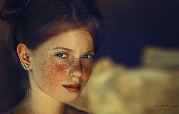 Girl, freckles, red, green eyes