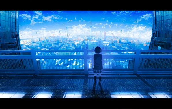 Roof, the sky, girl, the city, schoolgirl