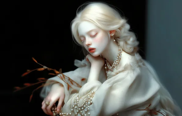 Girl, decoration, the dark background, blonde, closed eyes, AI art, neural network