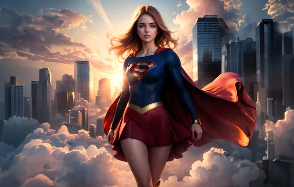 Clouds, the city, building, home, blonde, costume, outfit, cloak