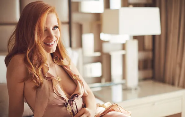 Smile, actress, red, Jessica Chastain