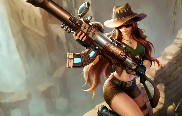 Girl, The game, Shorts, Glasses, Girl, Hair, Hat, Weapons