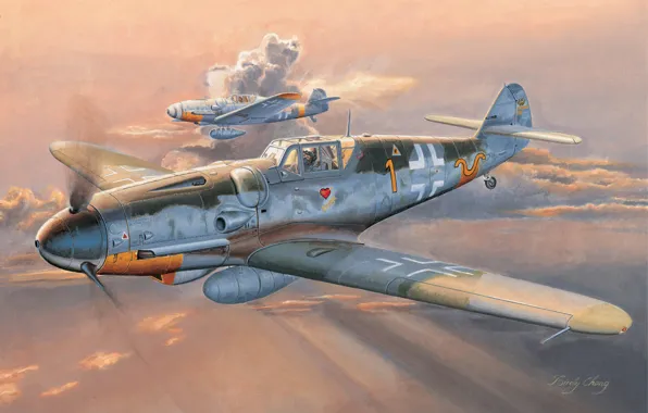 Picture war, art, painting, aviation, ww2, Messerschmitt Bf 109