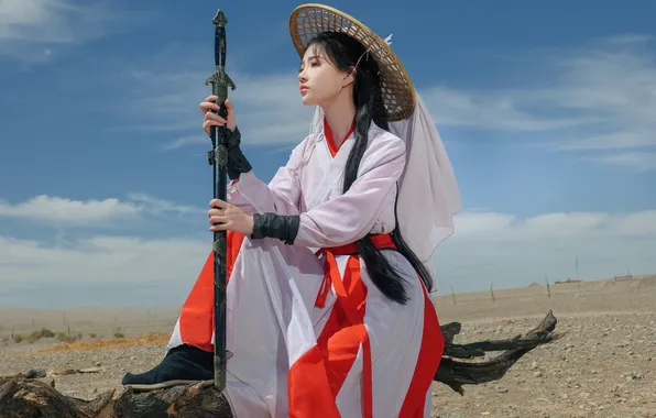 Picture women, Asian, hat, sword, model, long hair, Nian Nian, cosplay
