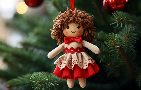 Picture branches, toy, doll, dress, Christmas, girl, New year, needles