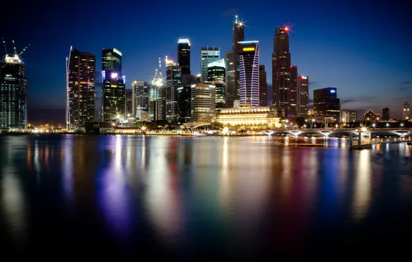 Water, the city, lights, reflection, photo, Wallpaper, skyscrapers, Singapore