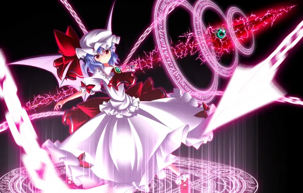Picture spell, chain, red eyes, witchcraft, pentagram, vampire, Touhou Project, Remilia Scarlet