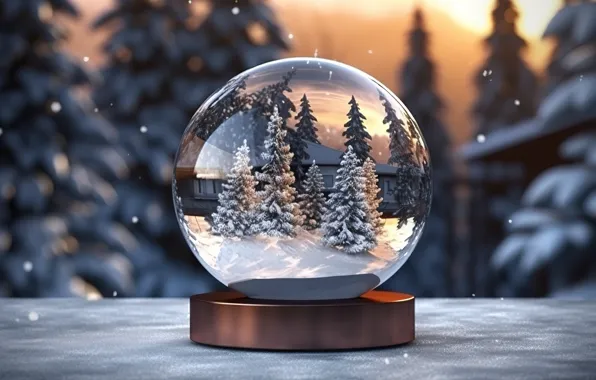 Winter, forest, snow, night, lights, tree, ball, New Year