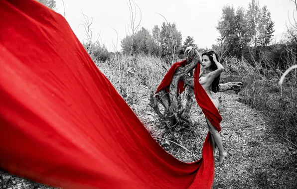 Red cloth, Red line, naked girl, model posing, Alexander Berdentsev