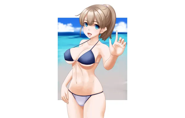 Girl, sexy, cleavage, beach, sea, boobs, anime, blue eyes