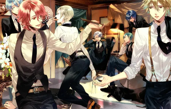 Room, lamp, dog, chair, tie, shirt, guys, art