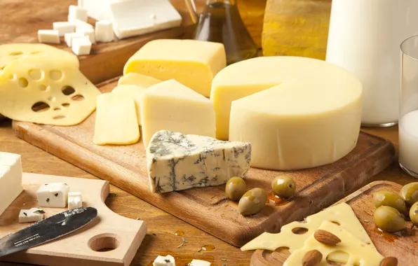 Picture cheese, milk, Board, olives, almonds, varieties, Emmental, Gorgonzola