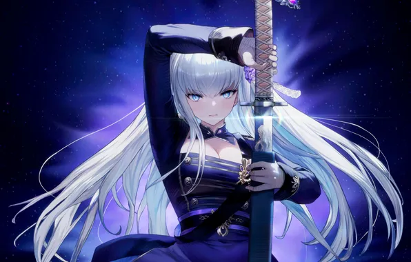 Katana, anime, gesture, white hair, Blade, anime girls, Brown Dust 2