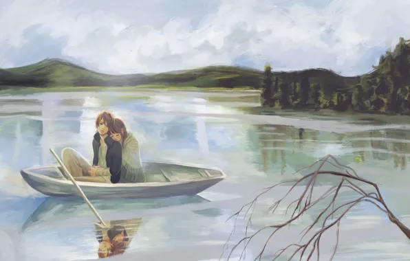 Picture girl, lake, boat, figure, branch, guy, yano motoharu, bokura ga ita