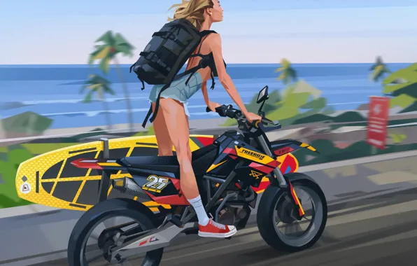 Picture girl, palm trees, speed, sneakers, motorcycle, backpack, coast, surfboard