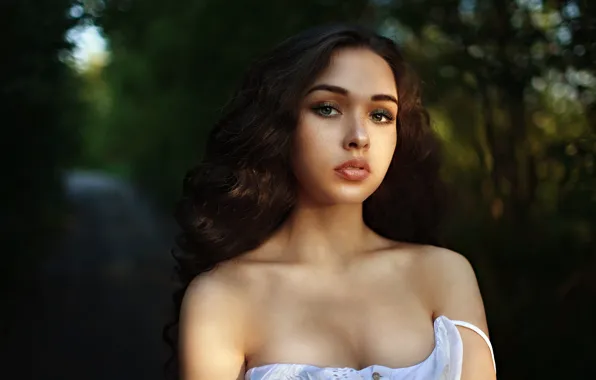 Picture road, chest, look, girl, light, nature, Park, the dark background