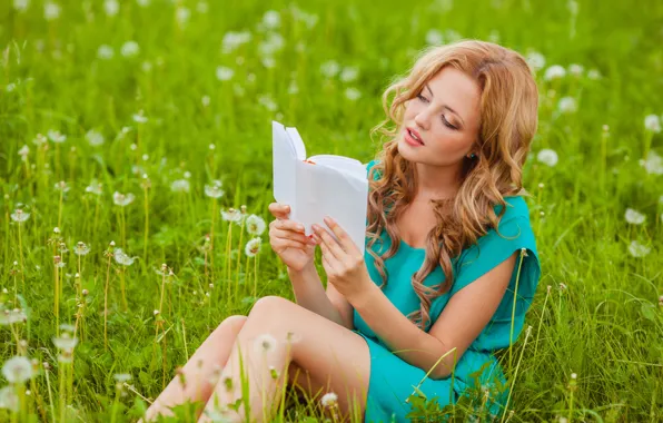 Picture field, girl, nature, dress, freckles, book, brown hair, dandelions