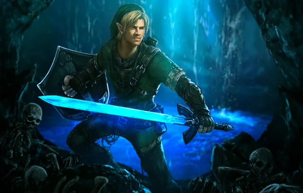 Sword, cave, shield, elf, The Legend of Zelda, Link, Liam Hemsworth