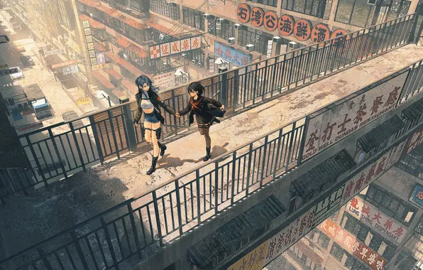 City, anime, fan art, anime art, anime style, homutan1, armed girl
