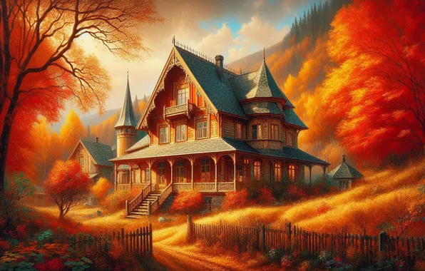 Autumn, forest, house, bright colors, Terem, AI art, neural network, a cozy little world