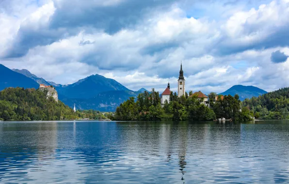 The sky, clouds, mountains, lake, island, Slovenia, Lake Bled, Slovenia