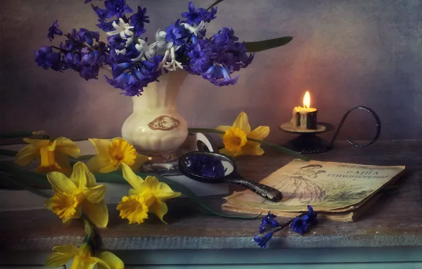 Flowers, table, candle, bouquet, spring, yellow, book, vase