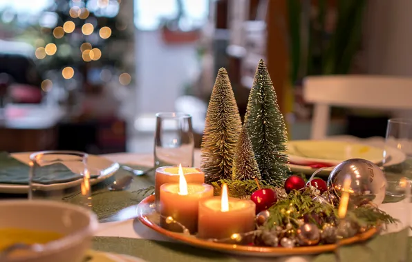 Table, holiday, candles, dishes, embellished
