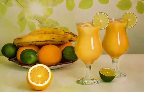 Leaves, branches, table, background, glass, orange, juice, plate