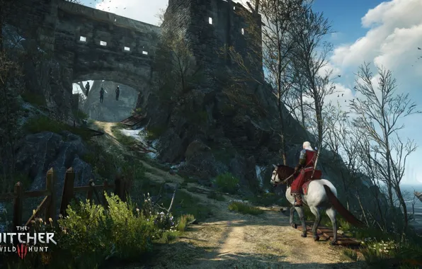 Picture the sky, trees, horse, the game, fortress, game, the Witcher, Geralt
