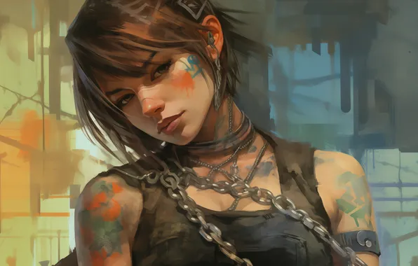 Picture tattoo, women, brunette, chains, illustration, looking at viewer, AI art, Art Nouveau