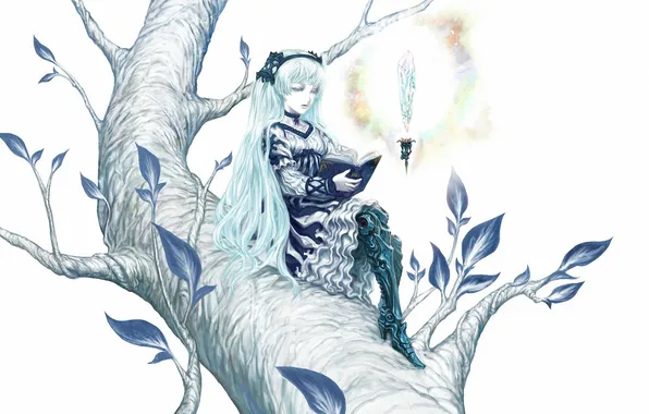 Crystal, girl, tree, art, book, vocaloid, hatsune miku, sitting